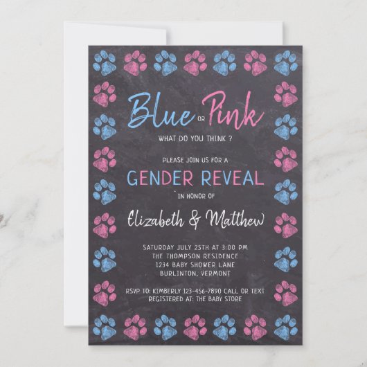 Chalkboard Blue Pink Paw Prins Gender onthullen Kaart (Voorkant)
