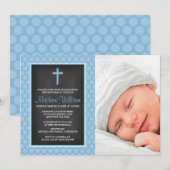 Chalkboard Blue Polka Dot Cross Boy Photo Baptisme Kaart (Voorkant / Achterkant)