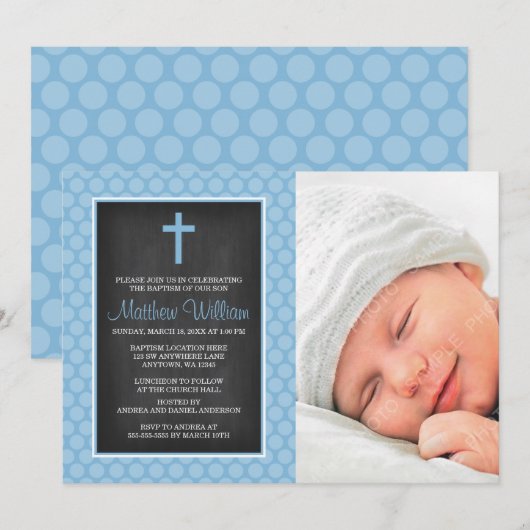 Chalkboard Blue Polka Dot Cross Boy Photo Baptisme Kaart (Voorkant / Achterkant)