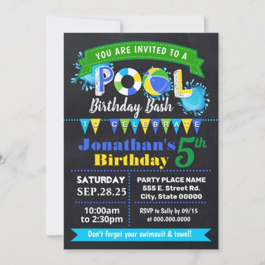Chalkboard Blue Pool verjaardag zomer bash Kaart (Voorkant)