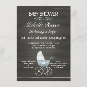 Chalkboard Blue Pram Baby shower Invitation Kaart