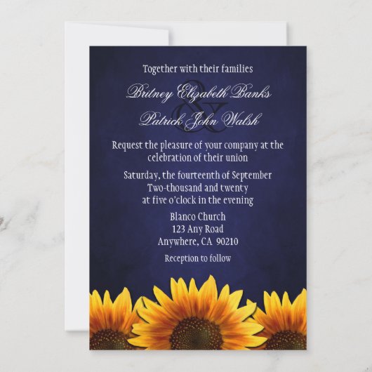 Chalkboard Blue Sunflower Wedding Invitting Kaart (Achterkant)