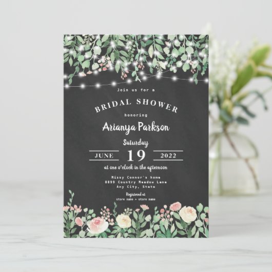 Chalkboard Blush Floral Lights Vrijgezellenfeest Kaart (Staand voorkant)