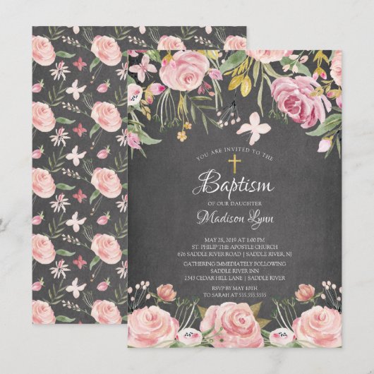 Chalkboard Blush Pink Floral Baptisme Kaart (Voorkant / Achterkant)