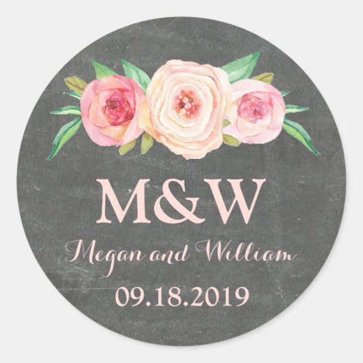 Chalkboard Blush Pink Floral Monogram Weddenschap Ronde Sticker (Voorkant)