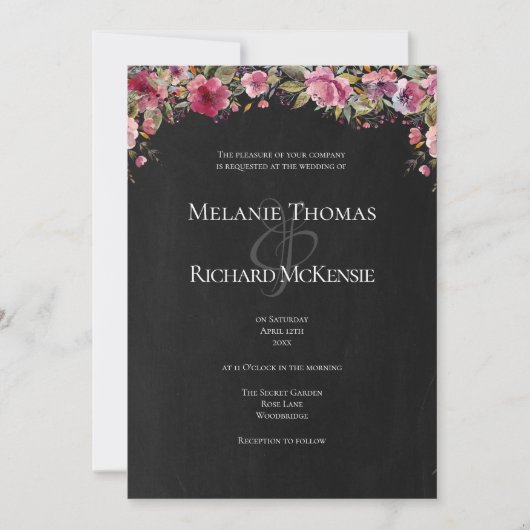 Chalkboard Blush Pink Floral Wedding Invitation Kaart (Voorkant)