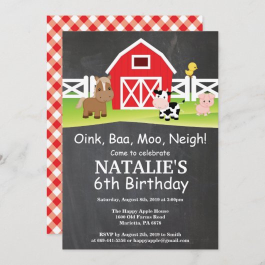 Chalkboard Boerderij Birthday Invitation Barnyard  Kaart (Voorkant / Achterkant)