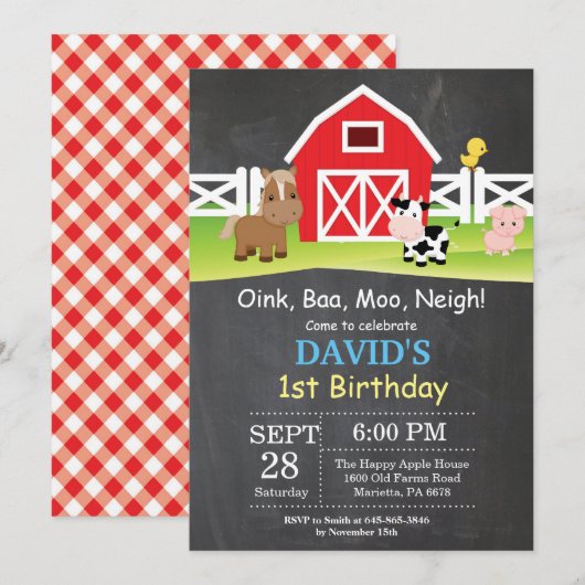 Chalkboard Boerderij Birthday Invitation Barnyard  Kaart (Voorkant / Achterkant)