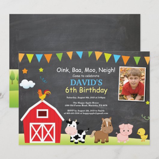 Chalkboard Boerderij Birthday Invitation Barnyard  Kaart (Voorkant / Achterkant)