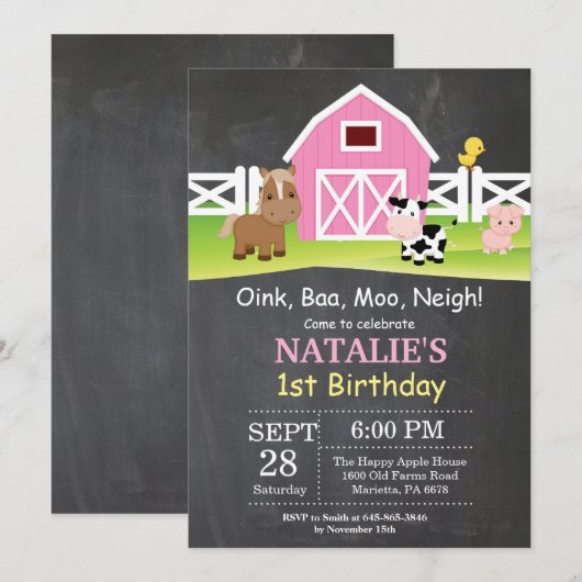 Chalkboard Boerderij Birthday Invitation Barnyard  Kaart (Voorkant / Achterkant)