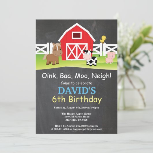 Chalkboard Boerderij Birthday Invitation Barnyard  Kaart (Staand voorkant)