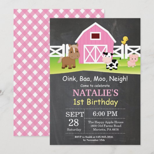 Chalkboard Boerderij Birthday Invitation Barnyard  Kaart (Voorkant / Achterkant)