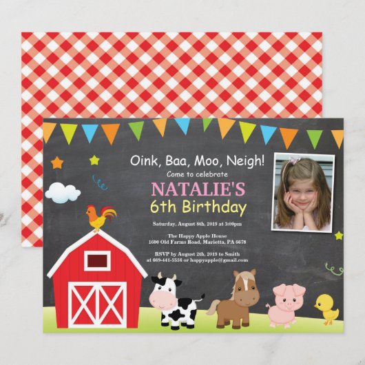 Chalkboard Boerderij Birthday Invitation Barnyard  Kaart (Voorkant / Achterkant)