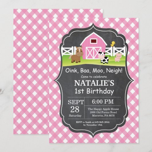 Chalkboard Boerderij Birthday Invitation Barnyard  Kaart (Voorkant / Achterkant)