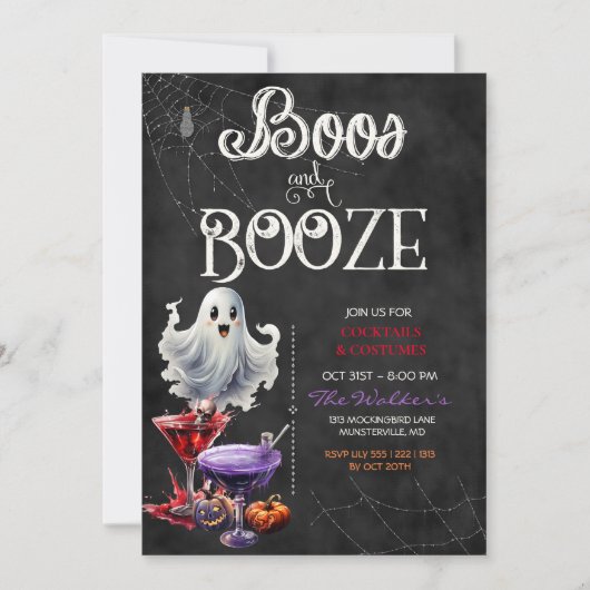Chalkboard Boos & Booze Halloween Cocktail Party Kaart (Voorkant)