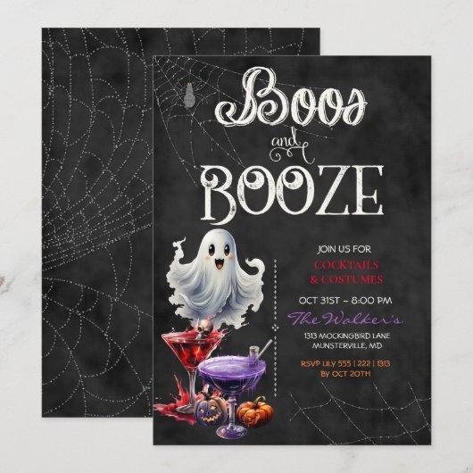 Chalkboard Boos & Booze Halloween Cocktail Party Kaart (Voorkant / Achterkant)