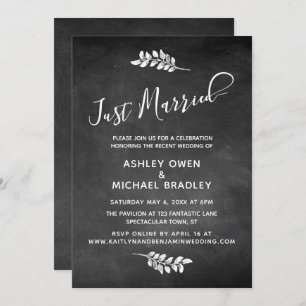 Chalkboard & Botanical Just Married Reception Kaart