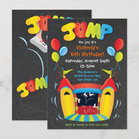 Chalkboard Bounce House BIrthday Party Invitation Kaart (Voorkant / Achterkant)