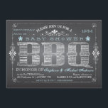 Chalkboard Boy Baby shower BBQ Uitnodiging<br><div class="desc">Een leuke en trendy uitnodiging voor een BBQ-feest voor het aanstaande paar. Gezien een krijtbordeffect, heeft de belettering de populaire look van het worden geschreven in krijt op een zwart bord. Met een eclectische mix van lettertype en stijl, in wit en bleek blauw, is de look speels en gastvrij -...</div>