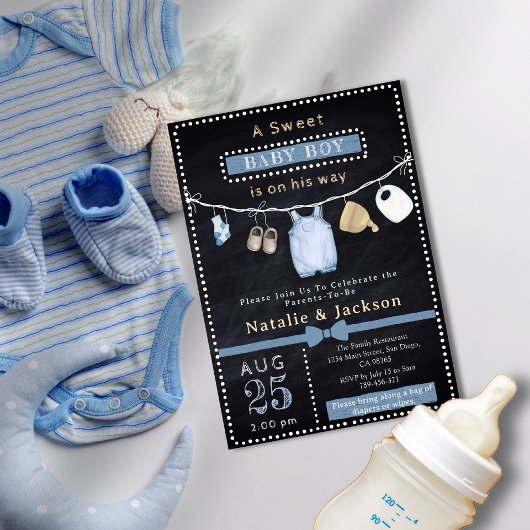 Chalkboard Boy Clothes Baby shower Uitnodiging