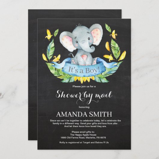 Chalkboard Boy Elephant Baby shower per Mail Kaart (Voorkant / Achterkant)