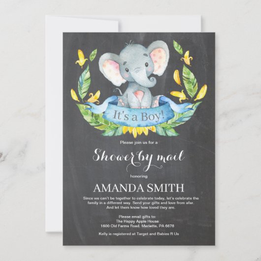 Chalkboard Boy Elephant Baby shower per Mail Kaart (Voorkant)