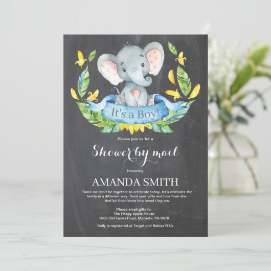 Chalkboard Boy Elephant Baby shower per Mail Kaart (Staand voorkant)