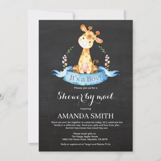 Chalkboard Boy Giraffe Baby shower per post Kaart (Voorkant)