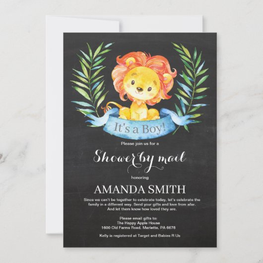 Chalkboard Boy Lion Baby shower via Mail Invitatio Kaart (Voorkant)
