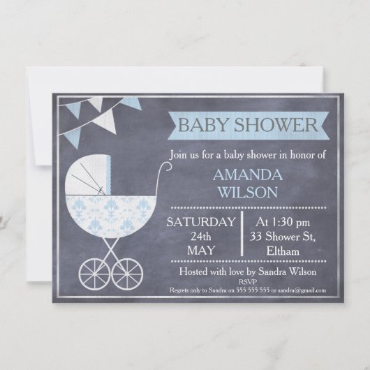 Chalkboard Boys Pram Baby shower Invitation Kaart (Voorkant)