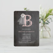 Chalkboard Bride's Veil Monogram Vrijgezellenfeest Kaart (Staand voorkant)