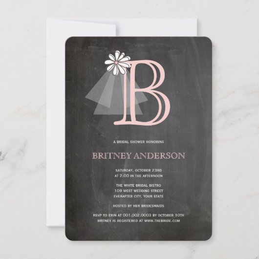 Chalkboard Bride's Veil Monogram Vrijgezellenfeest Kaart (Voorkant)