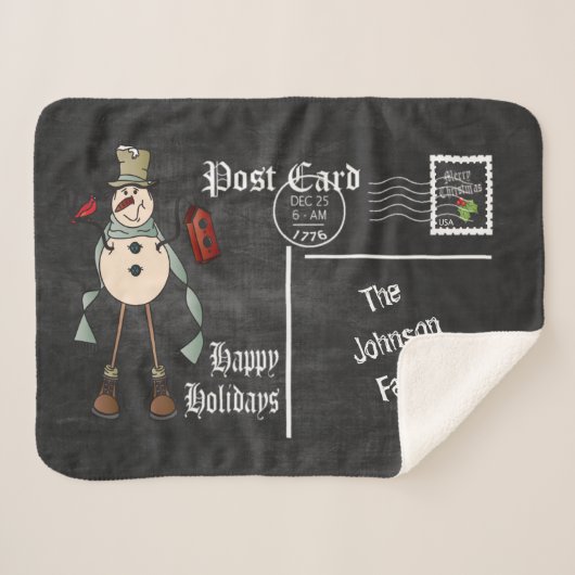Chalkboard Briefkaart Old Fashion Blue Snowman Sherpa Deken (Voorkant (horizontaal))