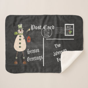 Chalkboard Briefkaart Old Fashion Green Snowman Sherpa Deken
