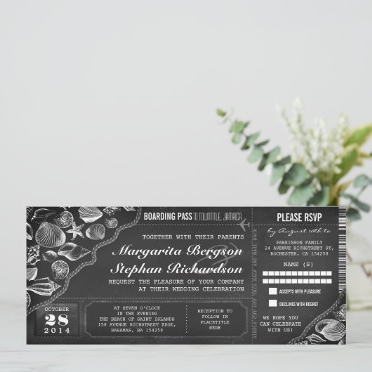 Chalkboard bruiloft boarding pass tickets kaart (Staand voorkant)