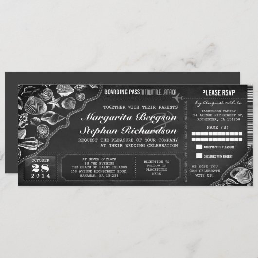 Chalkboard bruiloft boarding pass tickets kaart (Voorkant / Achterkant)