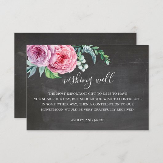 Chalkboard bruiloft wensen goed. Boho roze bloemen Informatiekaartje (Voorkant / Achterkant)
