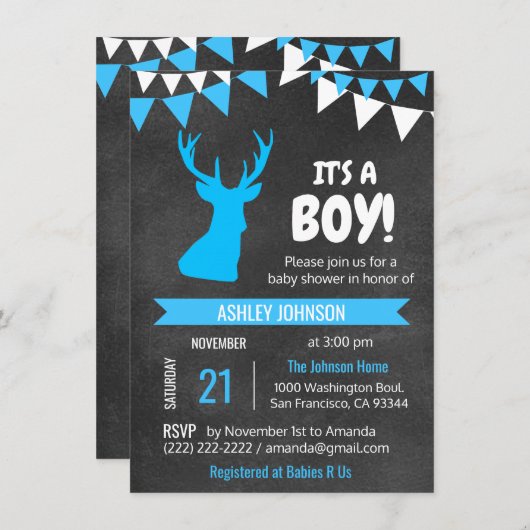 Chalkboard Buck Deer Blue BOY Baby shower nodigt u Kaart (Voorkant / Achterkant)