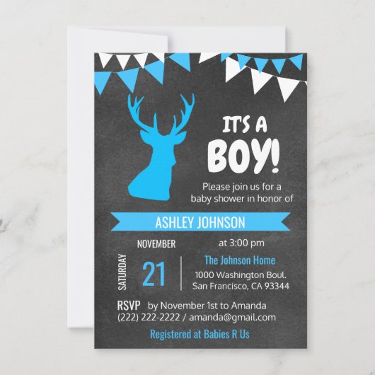 Chalkboard Buck Deer Blue BOY Baby shower nodigt u Kaart (Voorkant)