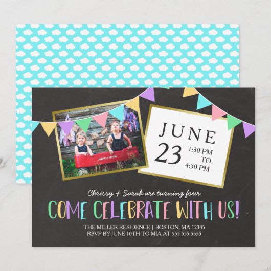 Chalkboard Bunting Banner Foto Birthday Party Kaart (Voorkant / Achterkant)