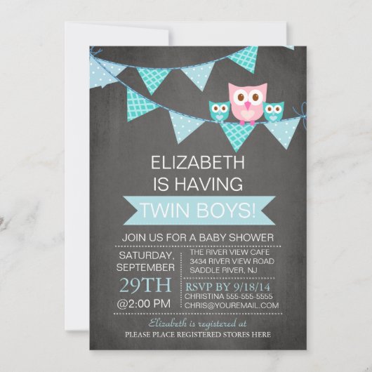 Chalkboard Bunting Owl TWIN BoyS Baby shower Kaart (Voorkant)