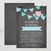 Chalkboard Bunting Owl TWIN BoyS Baby shower Kaart (Voorkant / Achterkant)