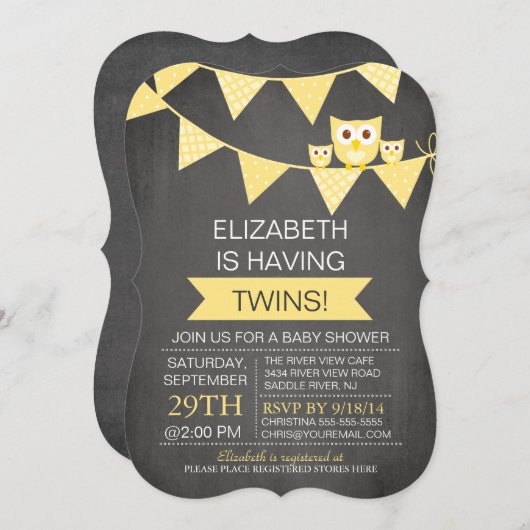 Chalkboard Bunting Owl TWINS NEUTRAAL Baby shower Kaart (Voorkant / Achterkant)