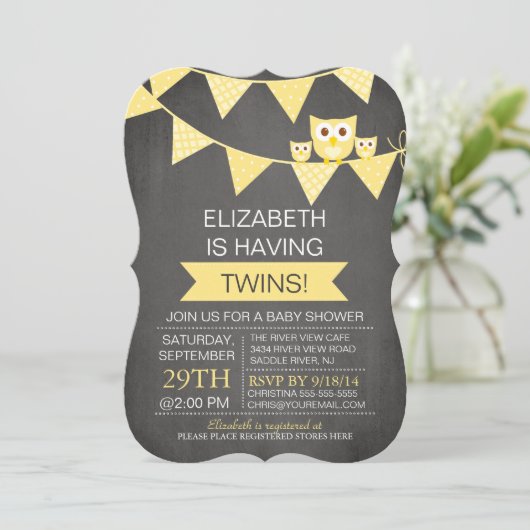 Chalkboard Bunting Owl TWINS NEUTRAAL Baby shower Kaart (Staand voorkant)