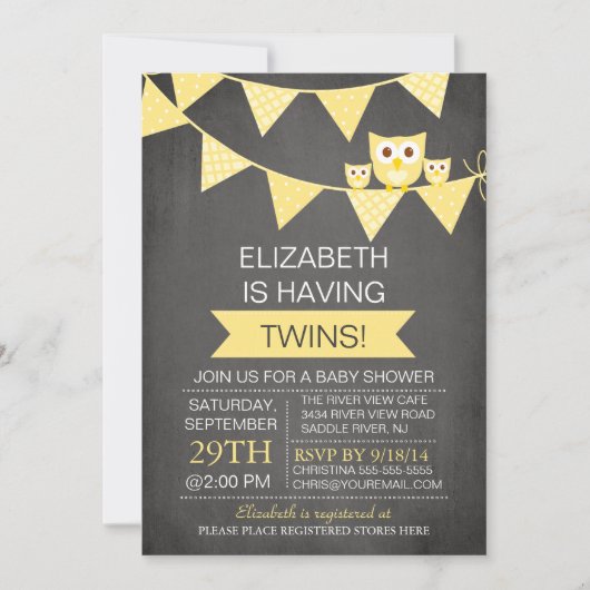 Chalkboard Bunting Owl TWINS NEUTRAAL Baby shower Kaart (Voorkant)