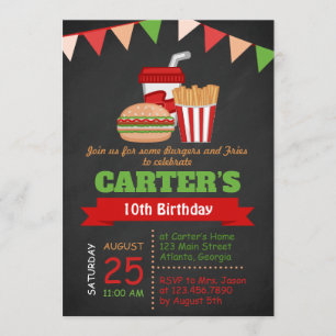 Chalkboard Burgers and Fries Birthday Party Invite Kaart