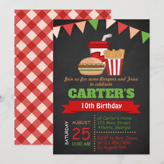 Chalkboard Burgers en Fries Verjaardagsfeest Uitno Kaart (Voorkant / Achterkant)