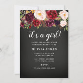 Chalkboard Burgundy Floral Baby shower Invitation Kaart (Voorkant)