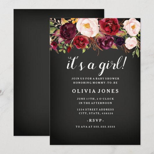 Chalkboard Burgundy Floral Baby shower Invitation Kaart (Voorkant / Achterkant)