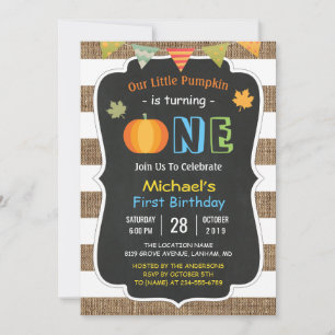 Chalkboard Burlap Cute Pumpkin Baby First Birthday Kaart